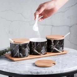 Staunton And Henry Black Marble Condiment Jars Set