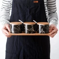 Staunton And Henry Black Marble Condiment Jars Set