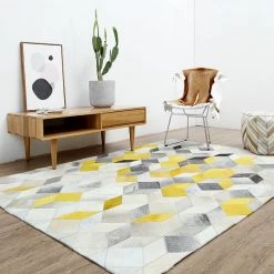 Staunton And Henry Modern Yellow And Grey Patchwork Cowhide Rug