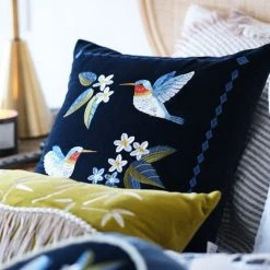 Staunton And Henry Retro Embroidered Hummingbird Decorative Cushion Home Accessories