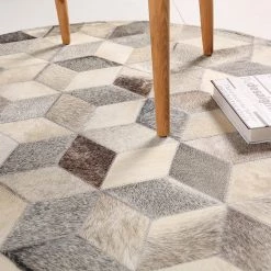 Staunton And Henry Grey And White Patchwork Round Cowhide Rug
