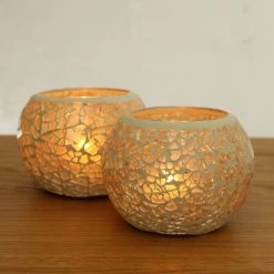 Staunton And Henry White Glass Mosaic Candle Holders - Set Of 2