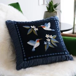 Staunton And Henry Retro Embroidered Hummingbird Decorative Cushion Home Accessories